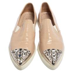 Miu Miu Beige Patent Embellished Cap Toe Slip On Sneakers Size 38