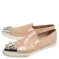 Miu Miu Beige Patent Embellished Cap Toe Slip On Sneakers Size 38