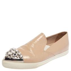 Miu Miu Beige Patent Embellished Cap Toe Slip On Sneakers Size 38