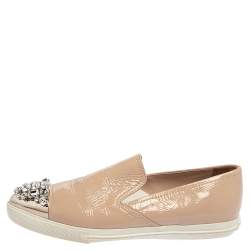 Miu Miu Beige Patent Embellished Cap Toe Slip On Sneakers Size 38