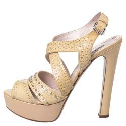 Miu Miu Yellow Patent Leather Peep Toe Platform Ankle Strap Sandals Size 39.5