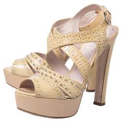 Miu Miu Yellow Patent Leather Peep Toe Platform Ankle Strap Sandals Size 39.5