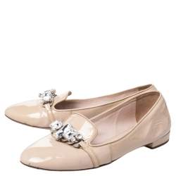 Miu Miu Beige Patent Leather Crystal Embellished Smoking Slippers Size 39 