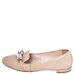 Miu Miu Beige Patent Leather Crystal Embellished Smoking Slippers Size 39 