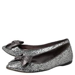 Miu Miu Metallic Grey Glitter Bow Ballet Flats Size 37
