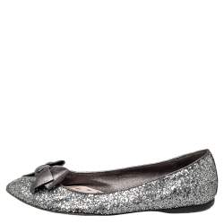 Miu Miu Metallic Grey Glitter Bow Ballet Flats Size 37