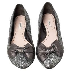 Miu Miu Metallic Grey Glitter Bow Ballet Flats Size 37