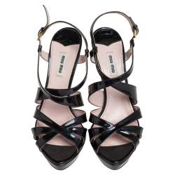 Pre Owned Miu Miu Black Patent Leather Strappy Platform Sandals Size 40