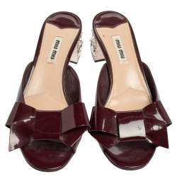 Miu Miu Maroon Patent Leather Bow Slide Sandals Size 37.5
