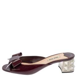 Miu Miu Maroon Patent Leather Bow Slide Sandals Size 37.5