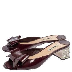 Miu Miu Maroon Patent Leather Bow Slide Sandals Size 37.5