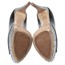 Pre Owned Miu Miu Black/Silver Patent Leather And Glitter Peep Toe Platform Pumps Size 40