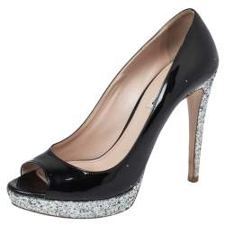 Pre Owned Miu Miu Black/Silver Patent Leather And Glitter Peep Toe Platform Pumps Size 40