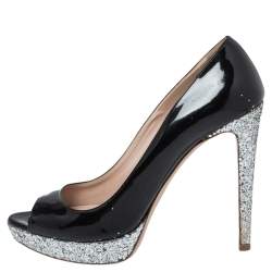 Pre Owned Miu Miu Black/Silver Patent Leather And Glitter Peep Toe Platform Pumps Size 40