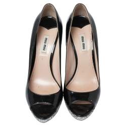 Pre Owned Miu Miu Black/Silver Patent Leather And Glitter Peep Toe Platform Pumps Size 40