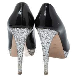 Pre Owned Miu Miu Black/Silver Patent Leather And Glitter Peep Toe Platform Pumps Size 40