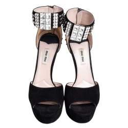 مملوكة مسبقًا Miu Miu Black Suede Crystal Embellished Studded Heel Ankle Cuff Platform Sandals Size 40