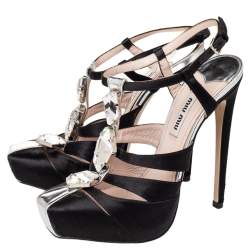 Pre Owned صندل ميو ميو ساتان أسود مزخرف كريستال قصات مفرغة سير حرف تي مقاس 37