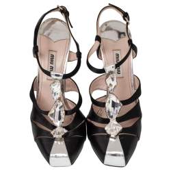 Pre Owned صندل ميو ميو ساتان أسود مزخرف كريستال قصات مفرغة سير حرف تي مقاس 37