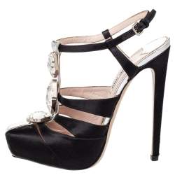 Pre Owned صندل ميو ميو ساتان أسود مزخرف كريستال قصات مفرغة سير حرف تي مقاس 37