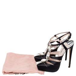 Pre Owned صندل ميو ميو ساتان أسود مزخرف كريستال قصات مفرغة سير حرف تي مقاس 37