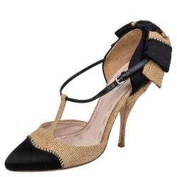 Pre Owned Miu Miu Beige/Black Jute And Satin Bow T Strap Pumps Size 38