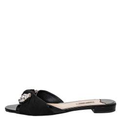 Miu Miu Black Patent Leather And Fabric Crystal Embellished Slide Sandals Size 39.5