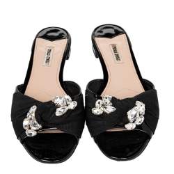 Miu Miu Black Patent Leather And Fabric Crystal Embellished Slide Sandals Size 39.5