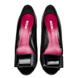 Pre Owned Miu Miu Black Patent Leather Bow Peep Toe Pumps Size 39.5