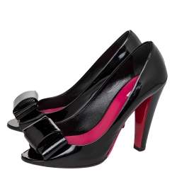 Pre Owned Miu Miu Black Patent Leather Bow Peep Toe Pumps Size 39.5
