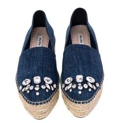 مملوكة مسبقًا Miu Miu Blue Denim Crystal Embellished Platform Espadrilles Size 37