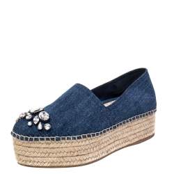 Pre Owned Miu Miu Blue Denim Crystal Embellished Platform Espadrilles Size 37