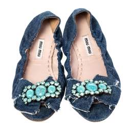 Miu Miu Blue Denim Crystal Embellished Ballet Flats Size 37