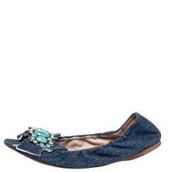 Miu Miu Blue Denim Crystal Embellished Ballet Flats Size 37