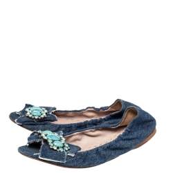 Miu Miu Blue Denim Crystal Embellished Ballet Flats Size 37