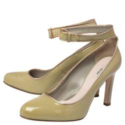 Pre Owned Miu Miu Geen Patent Leather Ankle Strap Round Toe Pumps Size 38.5
