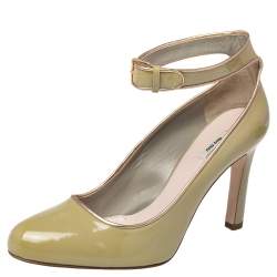 Pre Owned Miu Miu Geen Patent Leather Ankle Strap Round Toe Pumps Size 38.5