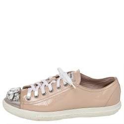 Miu Miu Beige Patent Leather Crystal Embellished Cap Toe Sneakers Size 38.5