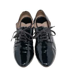Miu Miu Navy Blue Patent Leather Crystal Embellished Heel Lace Derby Size 37