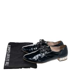 Miu Miu Navy Blue Patent Leather Crystal Embellished Heel Lace Derby Size 37