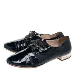 Miu Miu Navy Blue Patent Leather Crystal Embellished Heel Lace Derby Size 37