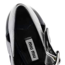 مملوكة مسبقًا حذاء كعب عالي ميو ميو جلد فضي/أزرق كحلي ماري جان نعل سميك كعب سميك مقاس 39