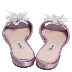 Pre Owned حذاء سلايد ميو ميو فلات مقدمة مفتوحة مزخرف كريستال ساتان وردى مقاس36.5  