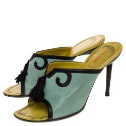 Miu Miu Green/Black Leather Tassel Peep Toe Slide Sandals Size 38.5