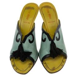 Miu Miu Green/Black Leather Tassel Peep Toe Slide Sandals Size 38.5