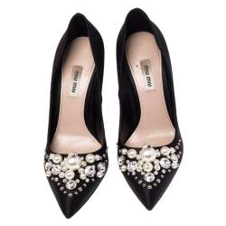 Pre Owned Miu Miu Black Satin Crystal and Pearl Embellished Pointed Toe Pumps Size 39