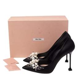 Pre Owned Miu Miu Black Satin Crystal and Pearl Embellished Pointed Toe Pumps Size 39