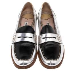 Miu Miu Silver/Black Patent And Leather Slip on Loafers Size 38