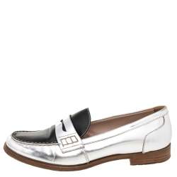 Miu Miu Silver/Black Patent And Leather Slip on Loafers Size 38