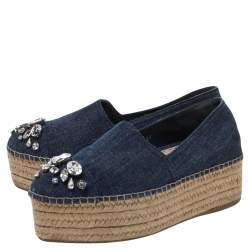 Pre Owned حذاء لوفرز ميو ميو نعل سميك إسبادريل دنيم أزرق مزخرف مقاس 37 